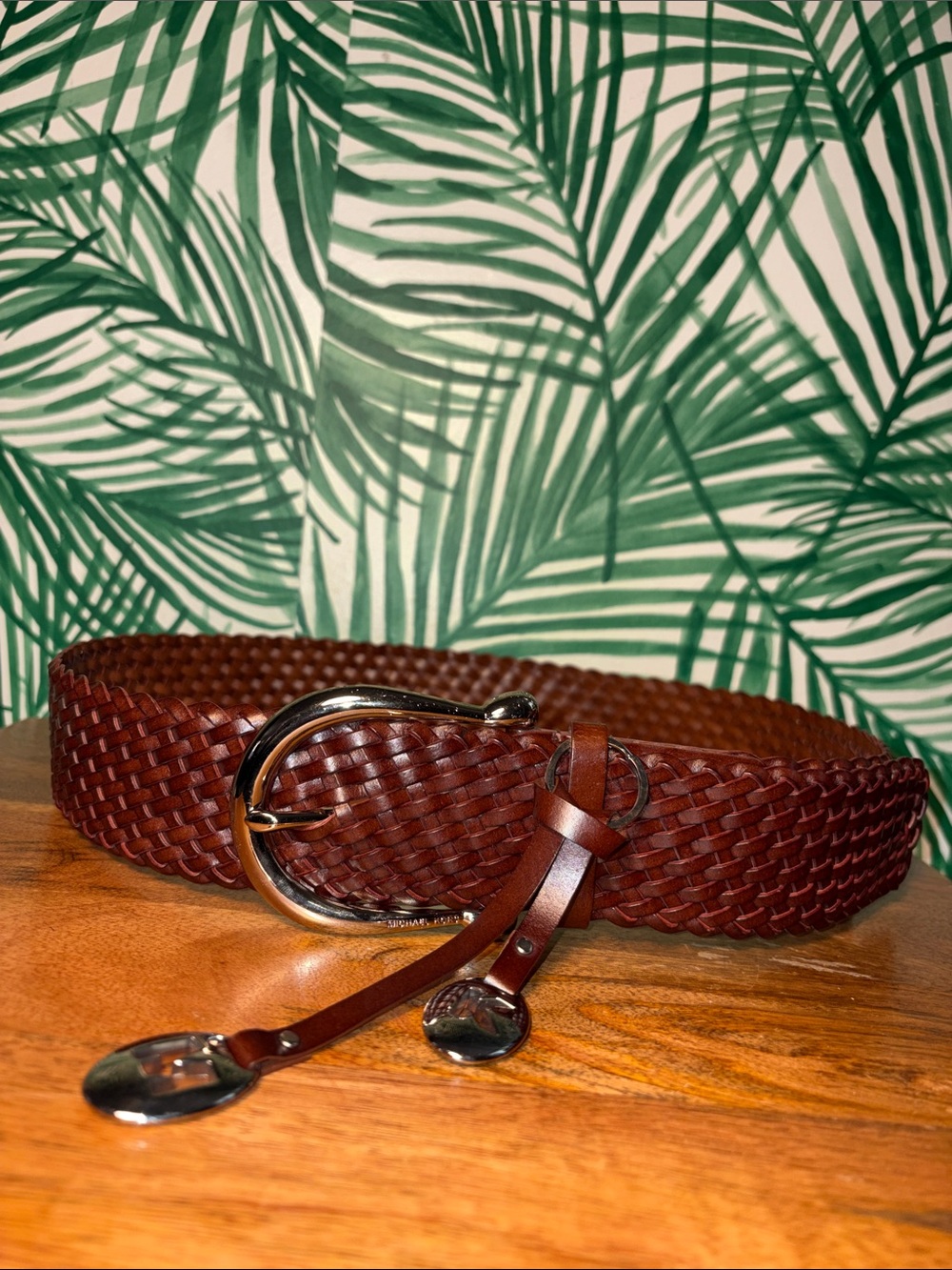 Michael Kors Dark Brown Braided Leather Wide Belt Silver Charm Buckle Women’s L